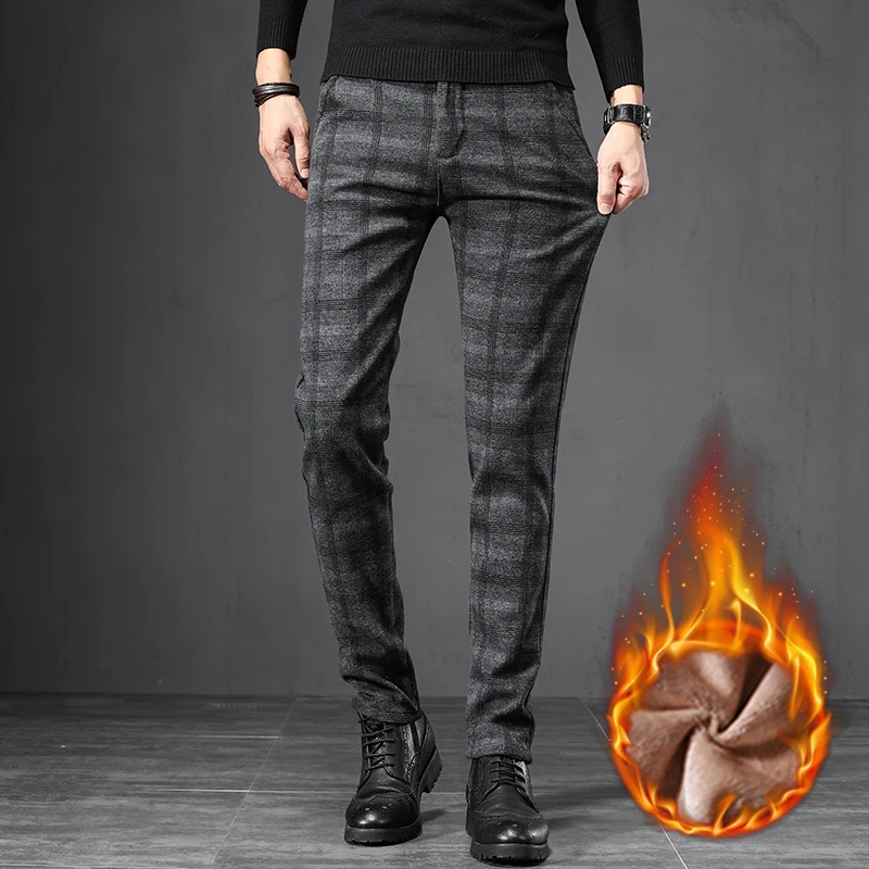 

Зимние флисовые теплые брюки для мужчин, английские клетчатые высококачественные деловые тонкие хлопковые длинные брюки, мужские черные, серые брюки, большой размер 28-38