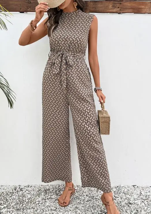 

Женский комбинезон на лето, новый, в французском стиле, элегантный, повседневный, с геометрическим принтом, на шнуровке, с завышенной талией, с воротником-стойкой, прямой крой.