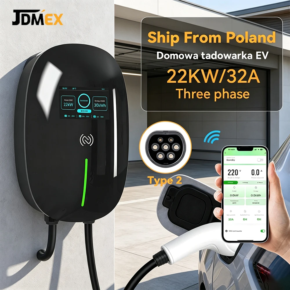 JDMEX 22KW 32A 3-Phasen EV-Ladegerät Wallbox Typ2 IEC62196‑2 APP RFID-Steuerung IP65 Elektroauto-Ladestation Versand aus Polen