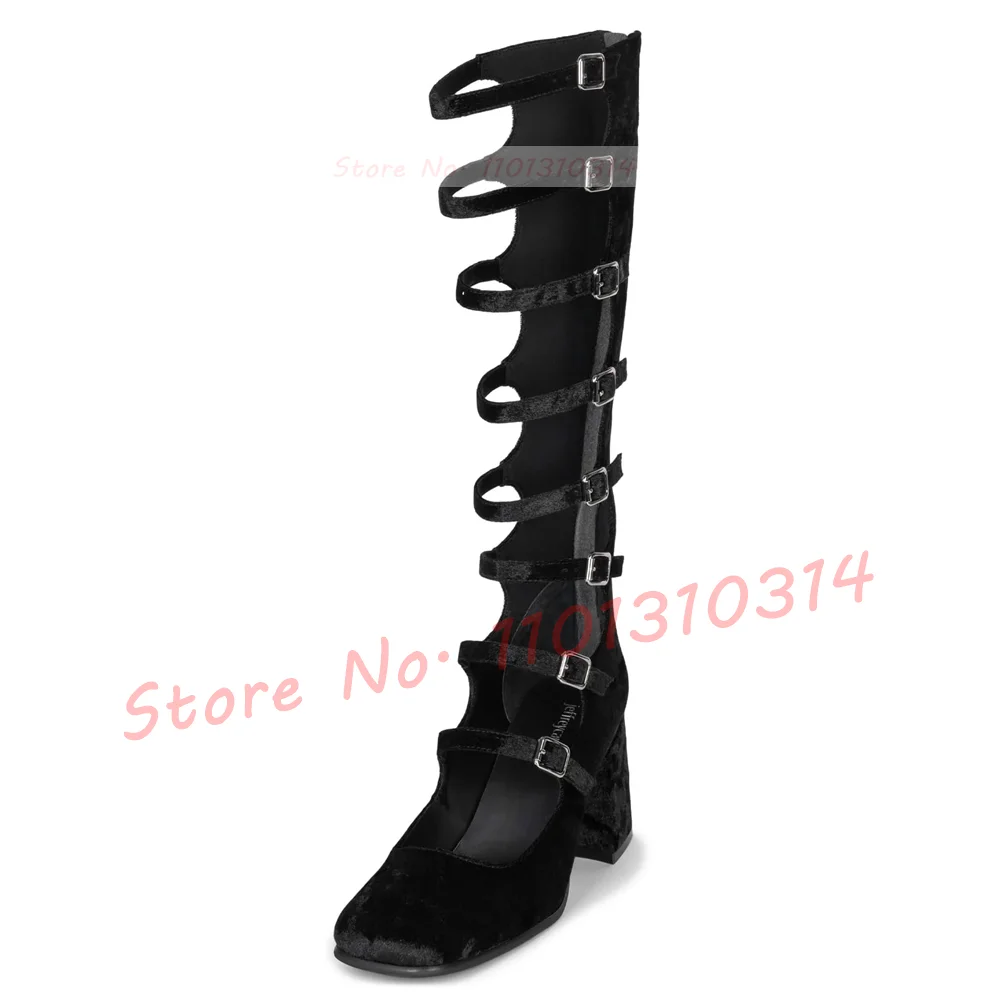 Strappy Suede Long Sandals Ladies Summer Block Heels Sexy Black Multi Buckles Puttee Shoes Casual Luxury Women Gladiator Sandals