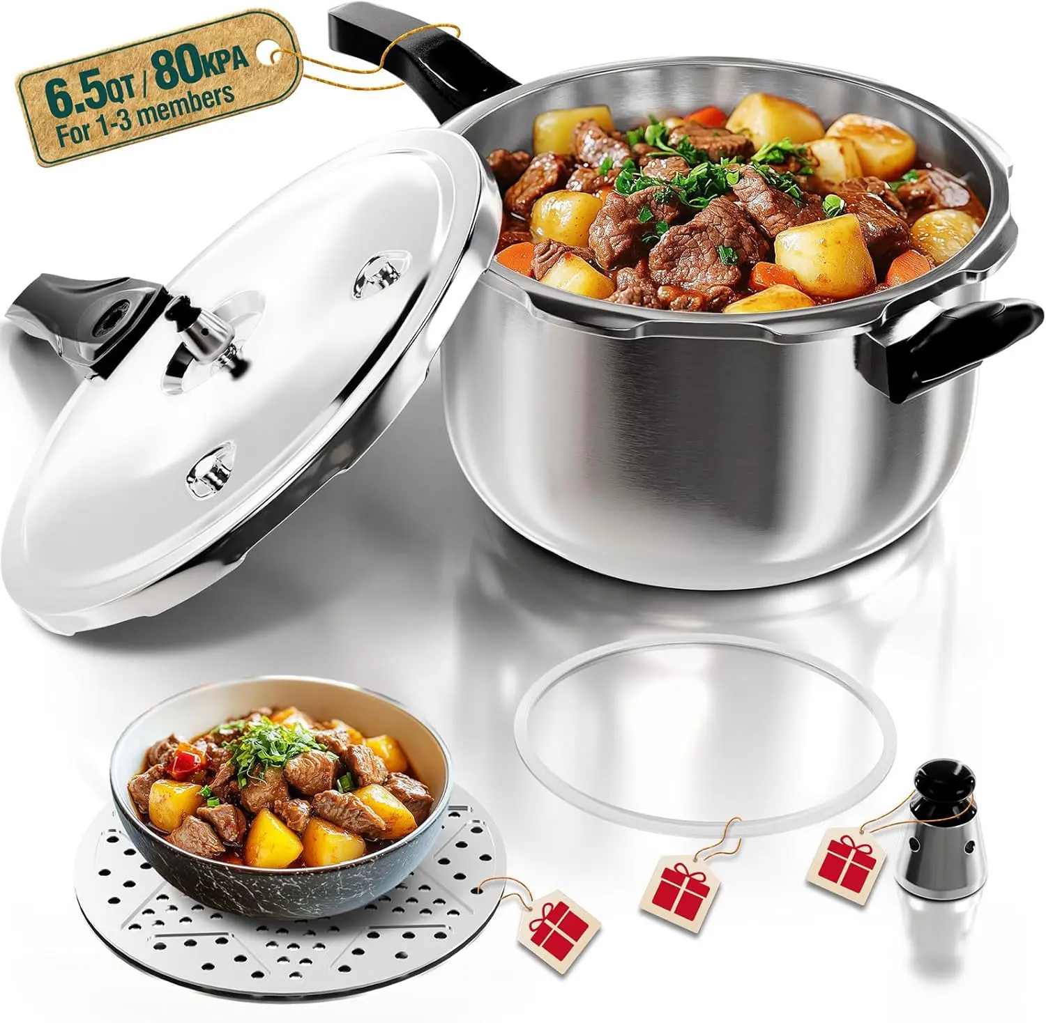 

WantJoin 6.5-14 Qt Stainless Steel Pressure Cooker,Equipped With Spring Valve Safeguard Devices,Compatible with Gas & Induction