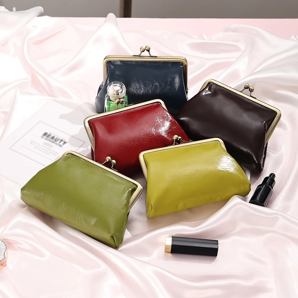 JOGUJOS Genuine Cowhide Leather Cosmetic Bag Fashion Ladies Elegant Clutch Bag Portable Small Bag Lipstick Makeup Bag for Women