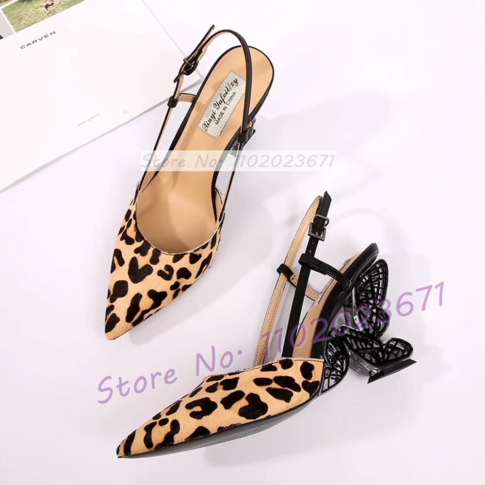 

Sexy Butterfly Heel Leopard Sandals Women Chic Pointed Toe Slingbacks Summer Dress Sandals Ladies Party Elegant Brown Shoes