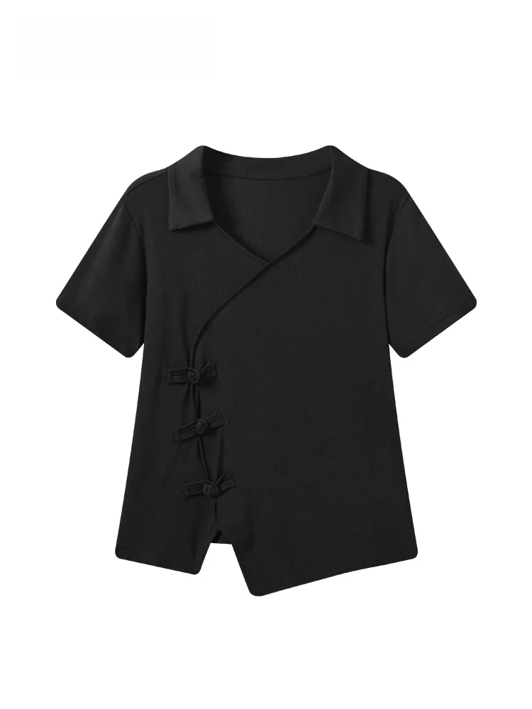 

plus Size Women's Short Sleeve Neck T-Shirt Summer New Style Chinese Style Button up Cotton Straight Cut Big Sister MM