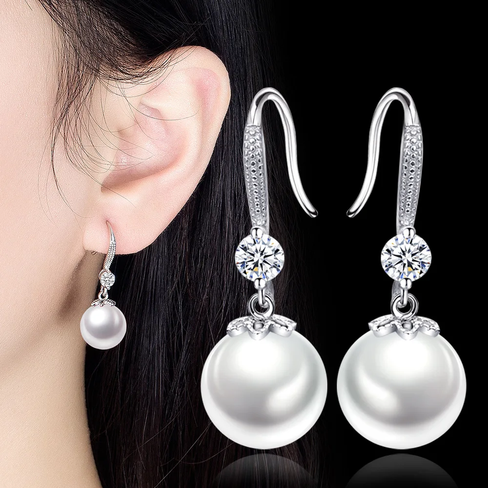 

Charming 925 Sterling Silver Simple Luxury Pearl and Zirconia Earrings for Women, Wedding Party Gift Jewelry