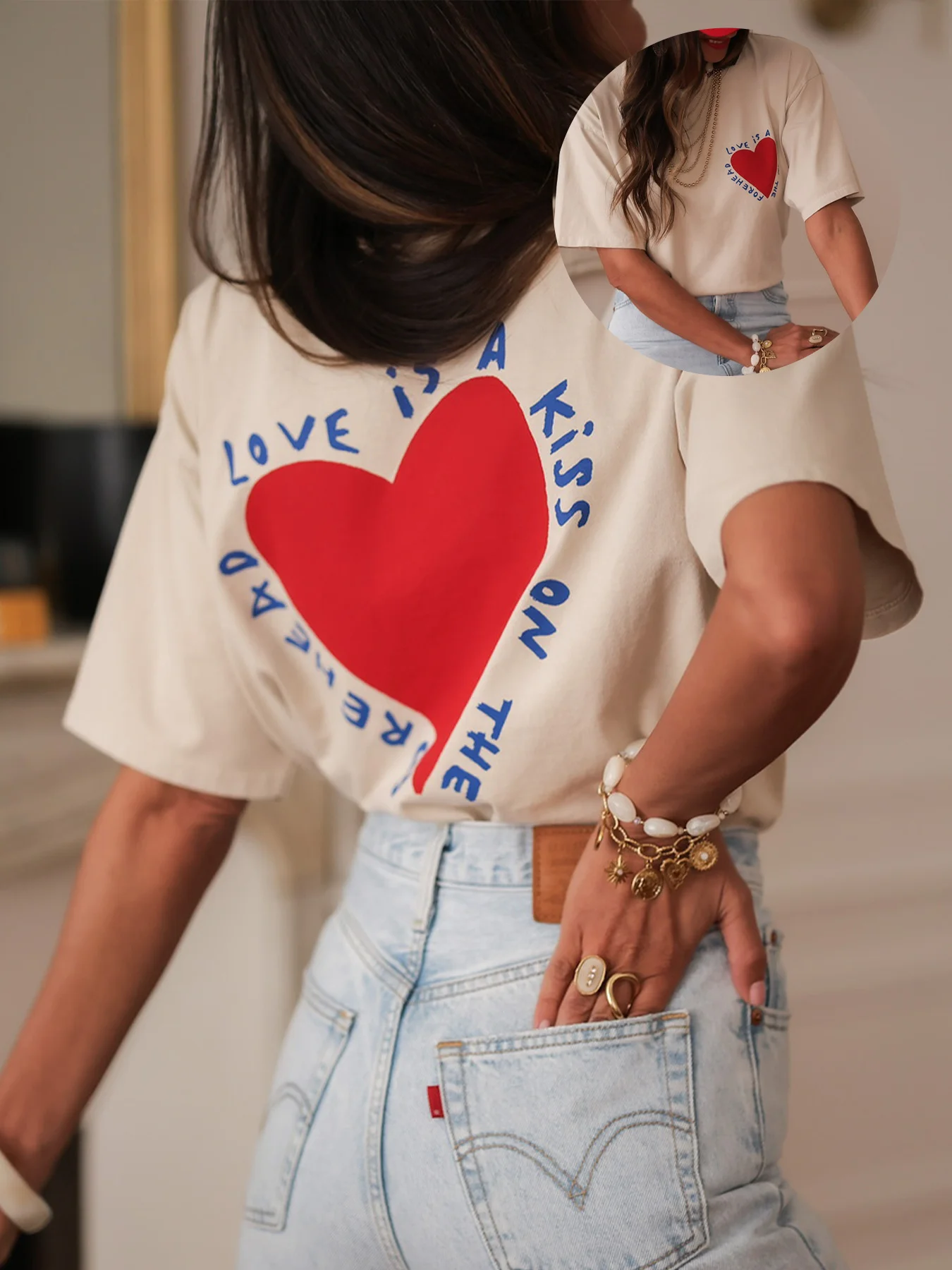 Camiseta informal cómoda para todas las estaciones con estampado de corazón geométrico y manga corta con cuello redondo para mujer, ropa estética