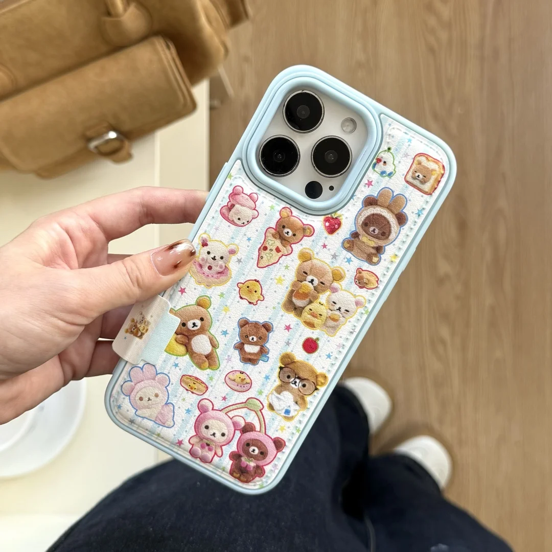 

kawaii Y2K Creative Sticker Funny Bear suitable Phone Case For iPhone 13 14 15 16 17 Pro Max leather Cover with lanyard