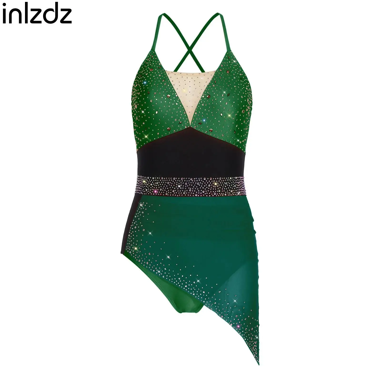 

Women Figure Ice Skating Leotard Dress Gymnastics Ballet Lyrical Latin Dancwear Rhinestone Irregular Mesh Overlay Sling Leotards