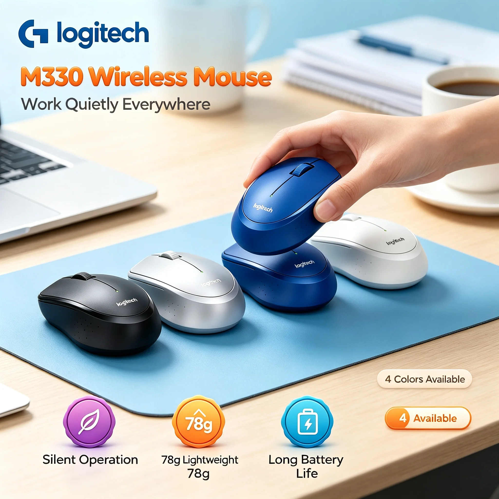 Logitech M330 Quiet Wireless Office Mouse Reduce Click Noise Ergonomic Shape Nano USB Receiver For Desktop & Notebook