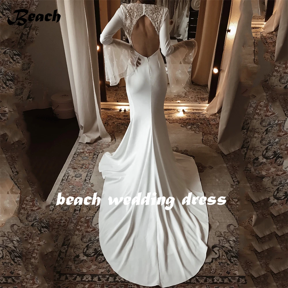 Beach Elegant Long Flare Sleeves V Neck Wedding Dress For Women Simple Backless Mermaid Train Bridal Gown Robe De Mariee