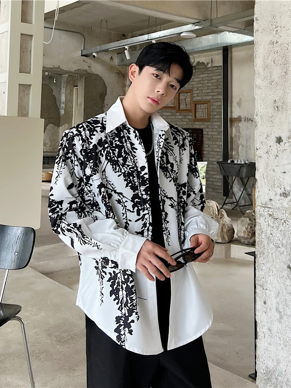 

Retro Print Long Sleeve Loose Men's Shirt Fashionable Casual Trendy Autumn Wear Polyester Fabric Plant Floral Pattern