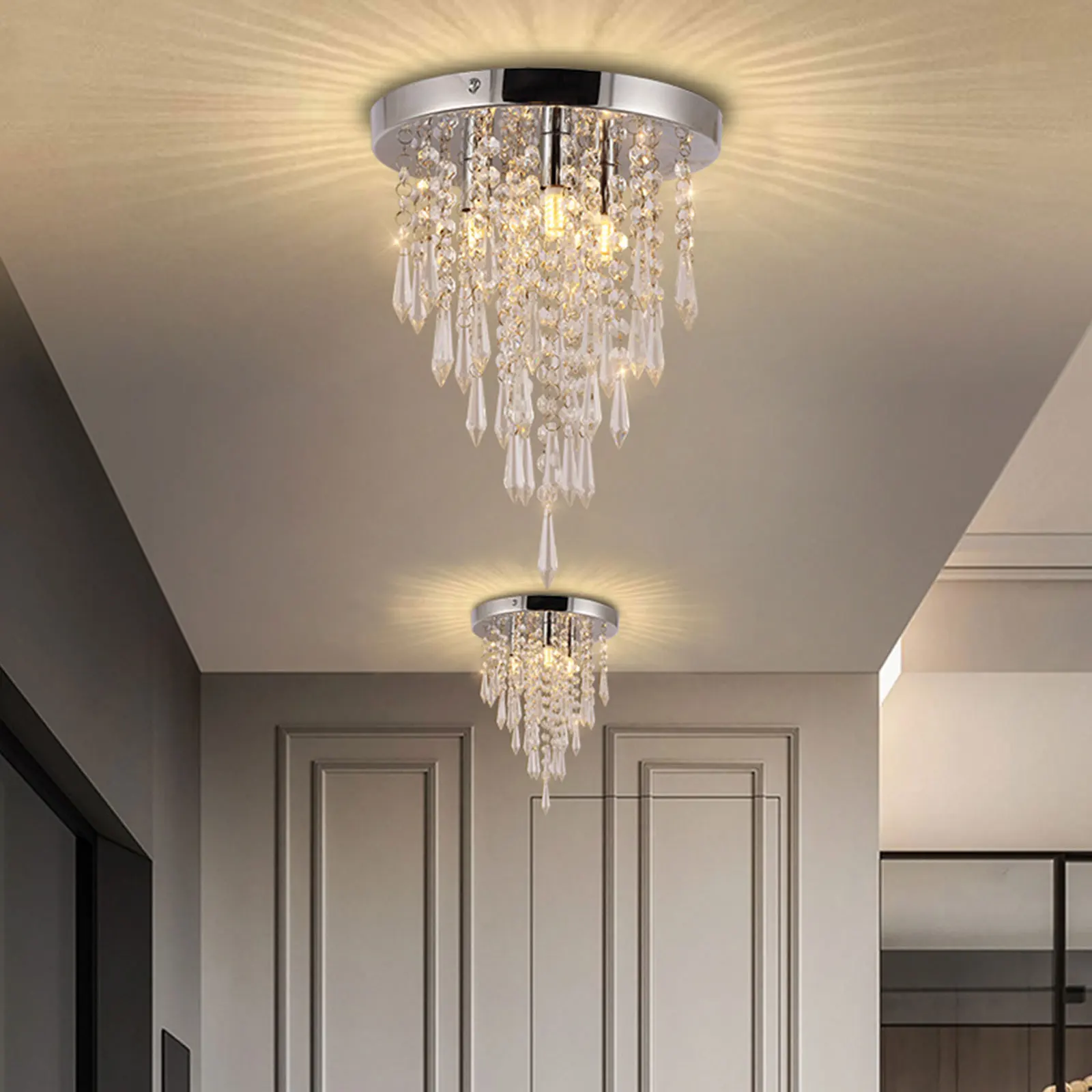 

Crystal Ceiling Light,K9 Crystal Silver Ceiling Light Fixture,Modern Ceiling Lamp with Crystal Pendant