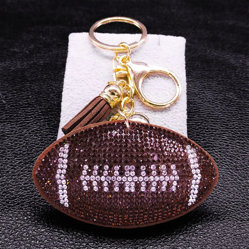 Cute Rugby American Football Crystal Key Chain for Bag Accessories Alloy Rhinestone Tassel Bell Car Key Ring Jewelry Gift K7366