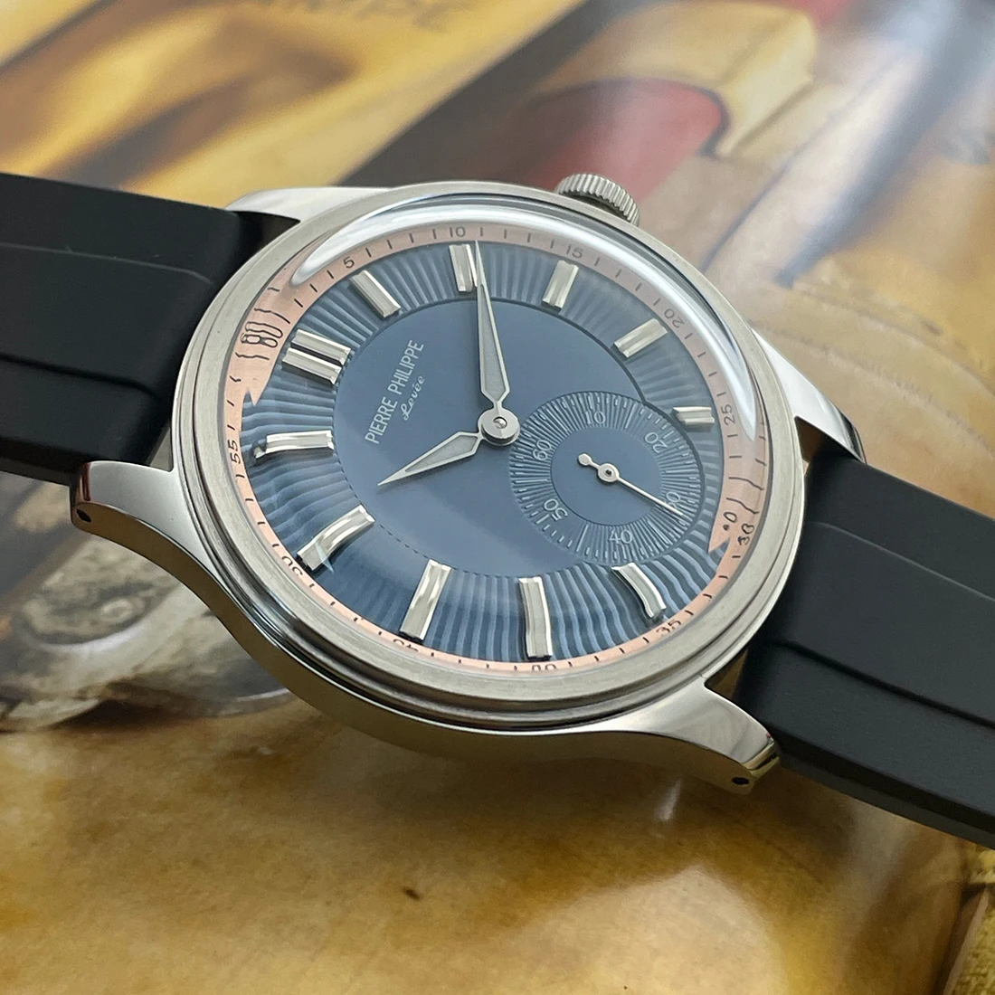 38mm ピエール・フィリップ フォーマルウォッチ ヴィンテージ ブルーダイヤル 夜光腕時計 メンズ 機械式 手巻き腕時計 ST17 レロッホ オンブレ