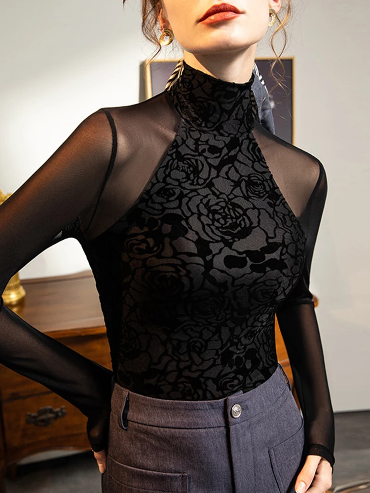 Black High Neck Top with Mesh, See Through Sexy Long Sleeved T-shirt, Autumn and Winter New Style, Plush Rose Lace Base Shirt