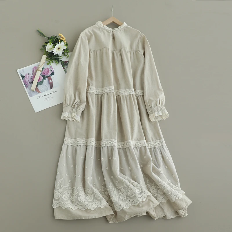 Sweet Mori Girl Vintage Lolita Lace Embroidery Patchwork Midi Dress Women Long Sleeve Casual Loose Cotton Dresses