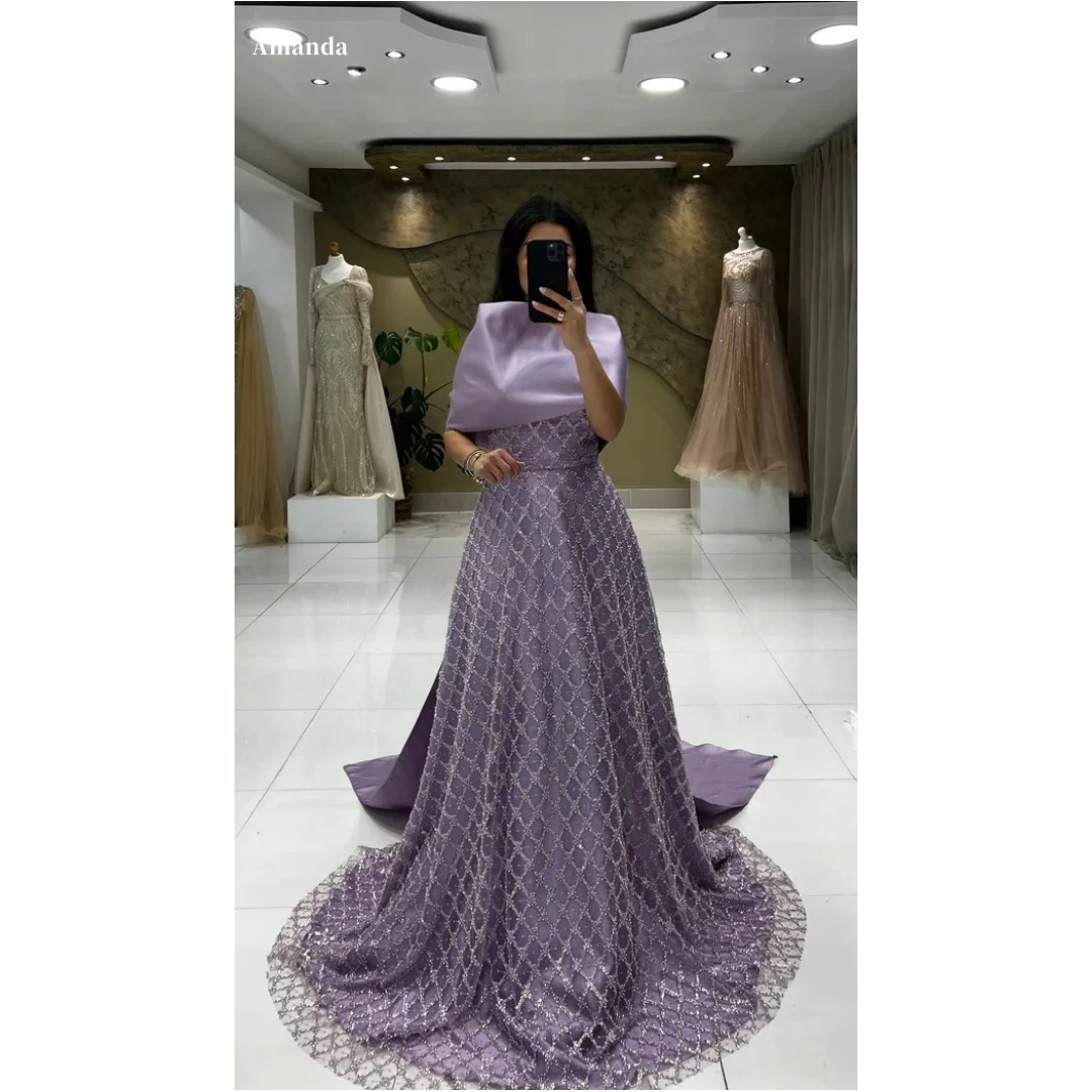 

Amanda индивидуальное фиолетовое платье для выпускного вечера с жемчугом и бисером, атласное платье трапециевидной формы, длиной до пола, со шлейфом, торжественное вечернее платье