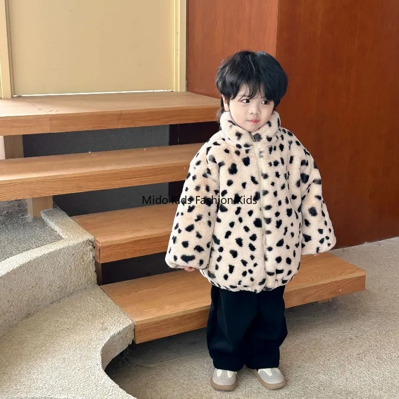 Leopard-print fur coat boys Winter-ready cotton jacket  girls Korean-style loose-fit, thickened, stylish baby fur coat 80-150cm
