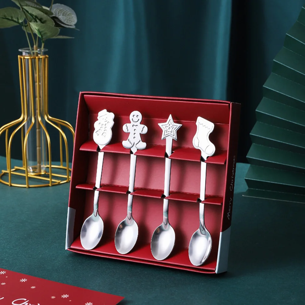 

2set Stainless Steel Coffee Spoons Set Xmas Style Dessert Spoon For Tea Party Kitchen Use Wear Resistant