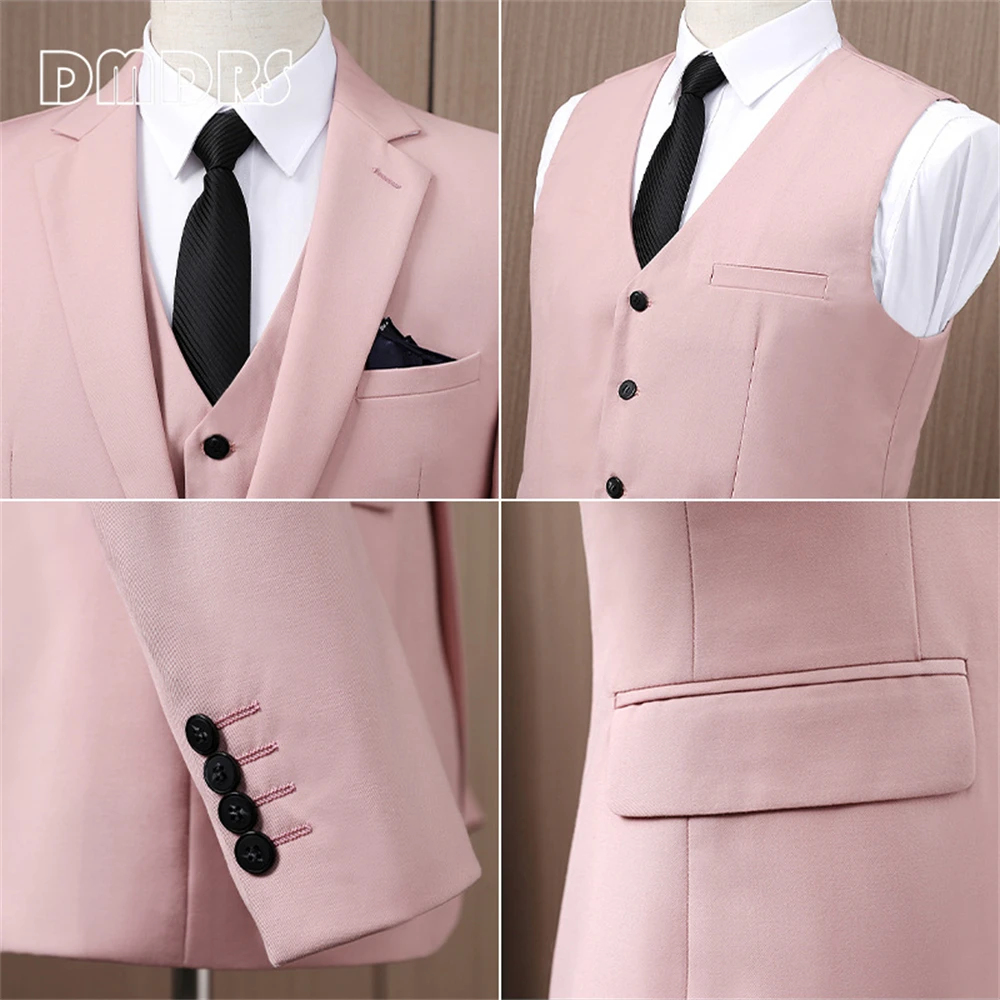 Pink Wedding Suit for Men Three Pieces Formal Suits Set, One Button Blazer Vest Pants Tuxedo Business Solid Smart Suits Jacket