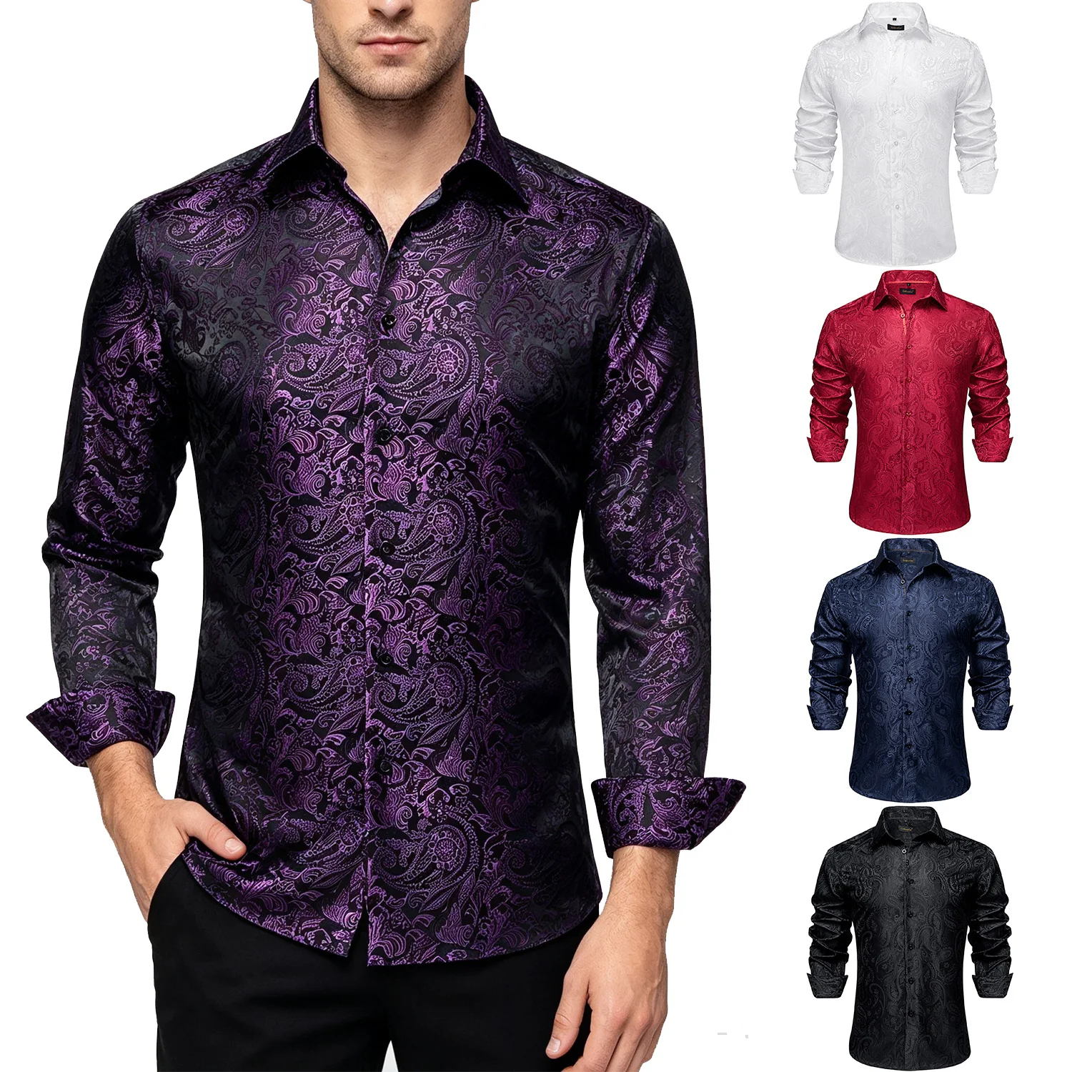 Floral Print Shirt for Men, Purple Paisley Pattern Long Sleeve Slim Fit Button Down Dress Party Evening Wear
