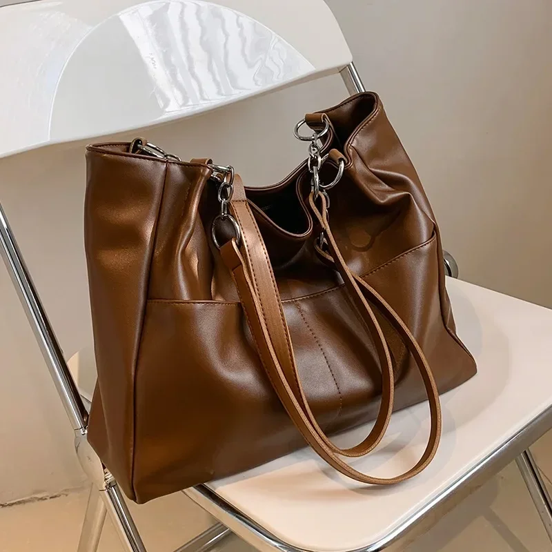 Shoulder Side Bags for Women Vintage Solid Color Simple Large Capacity Big PU Leather The Latest Handbags Travel Totes