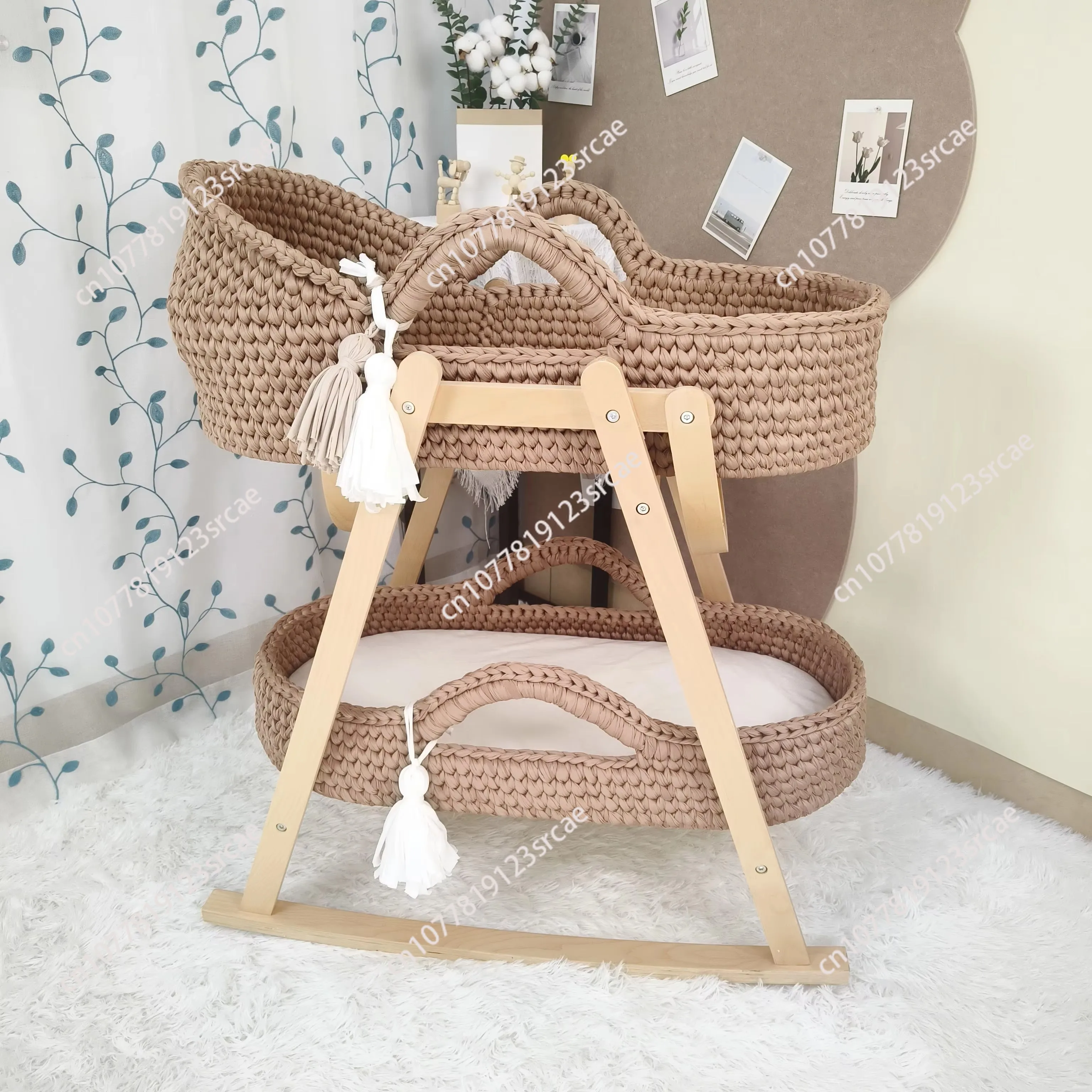 مهد الطفل المنسوجة يدويا البيج الكروشيه السرير المحمولة موسى سلة الوليد المتسكع مع حامل خشبي ومرتبة ناعمة