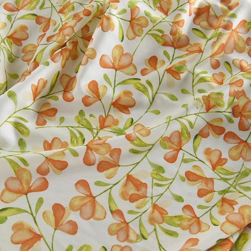 Soft and Thin Rayon Fabric with Orange and Green Leaves Printed,Perfect for Sewing Cheongsam Blouse,145CM Wide 200G/M R489