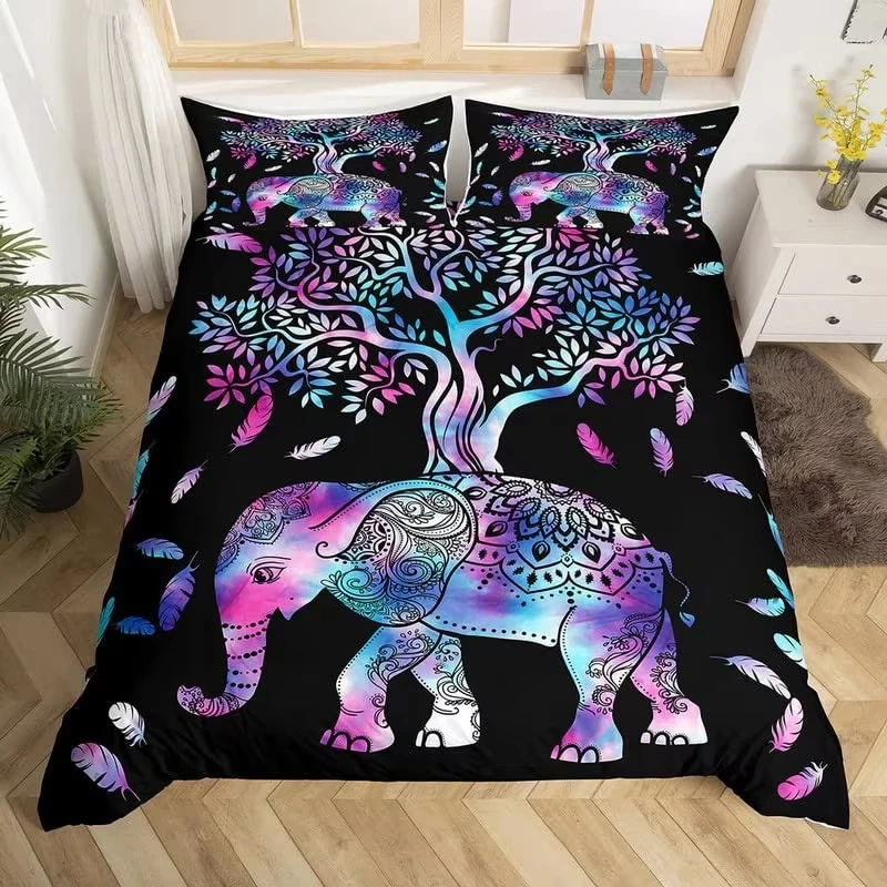 Elephant Duvet Cover Feather Bohemian Mandala Bedding Set Single Twin King Microfiber Exotic Animal Tree of Life Comforter Cover