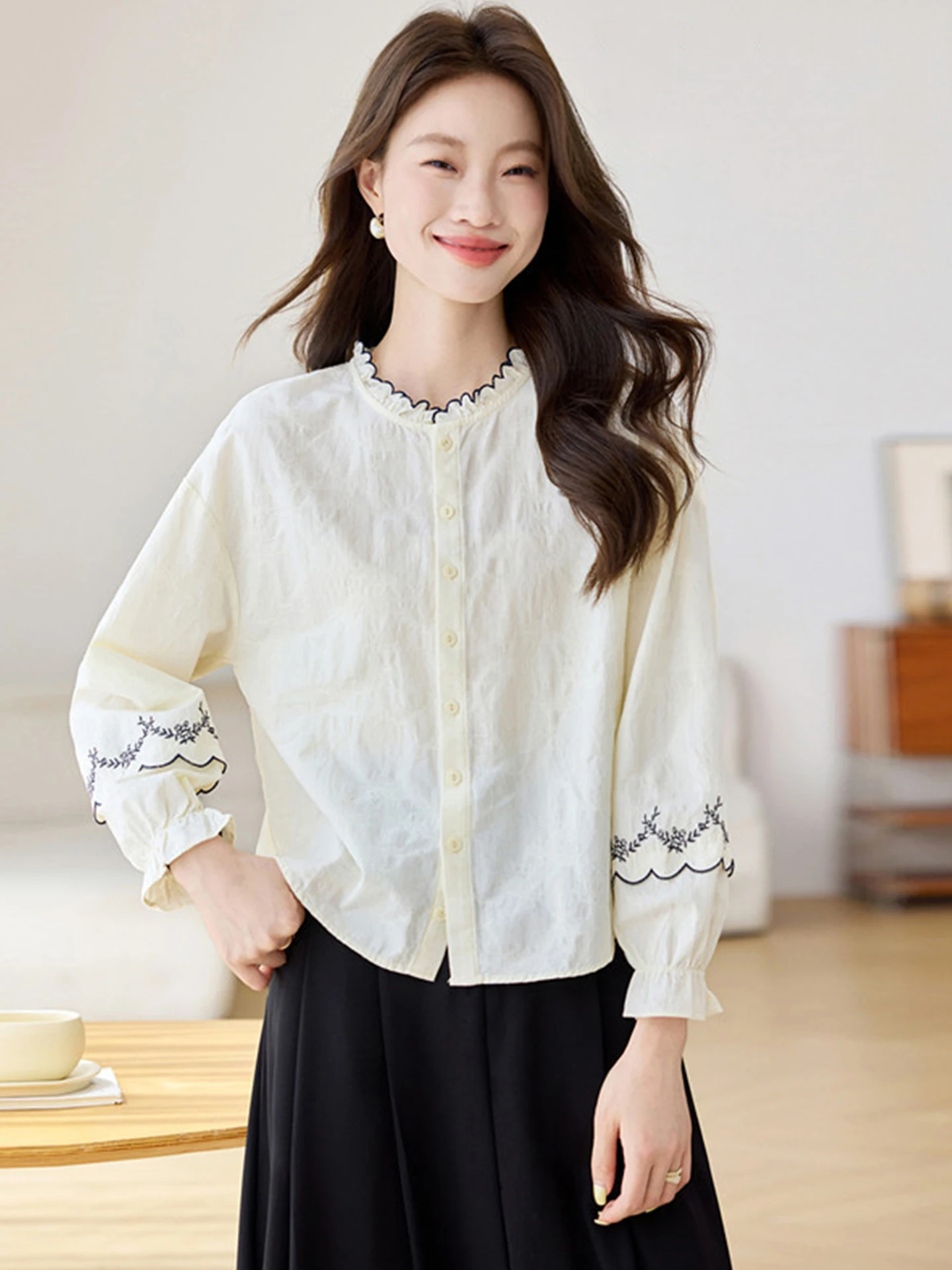 

Ele Commuter Sle Long Sve irt Single Button Design Simple Faion High End Women's Premium Top for Summer 2025