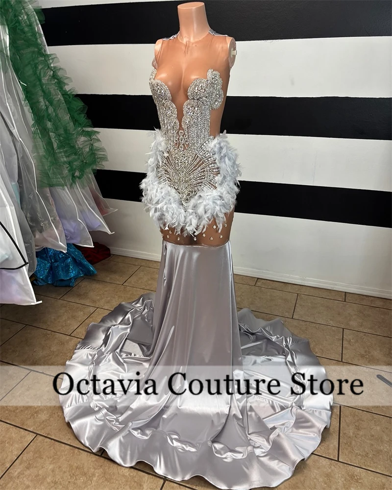 Vestidos de Noche con cuello redondo de plata árabe saudita para niñas negras con cuentas de cristal y diamantes de imitación, vestido de lujo para cumpleaños de 2025, فستان و