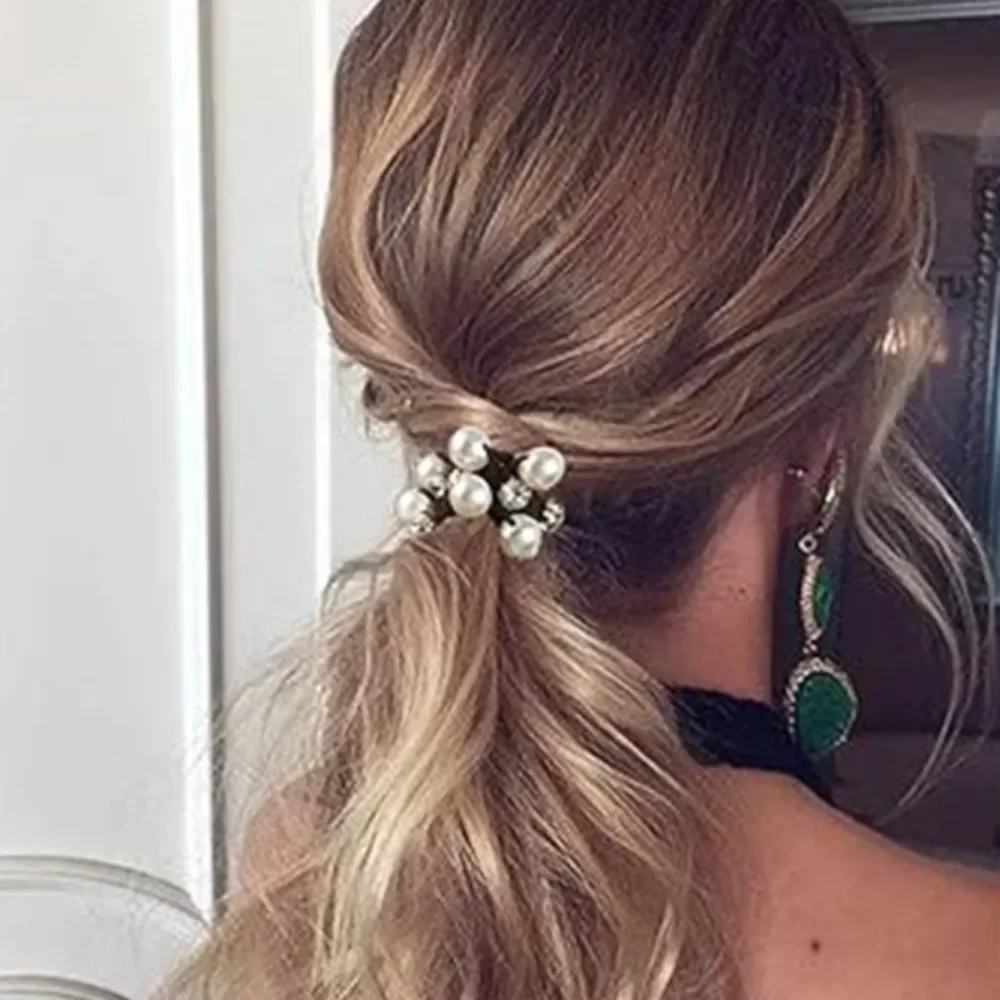 New Fashion Paux Pearl Brimmed Hair Tie Glitter Rhinestone Decor Hair Rope Retro Style Scrunchies Elastic Beaded for Women Girl