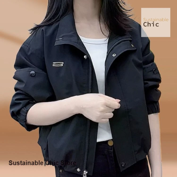 Korean-style stand-up collar jacket women's spring and autumn short new fashion casual Joker small western jacket zipper top.