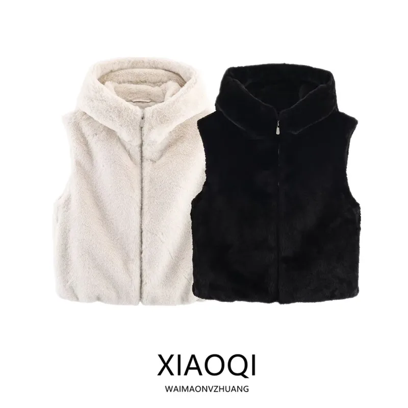 

Женский модный жилет с капюшоном и эффектом искусственного меха, универсальный, однотонный, на молнии, для повседневной носки, осень 2025