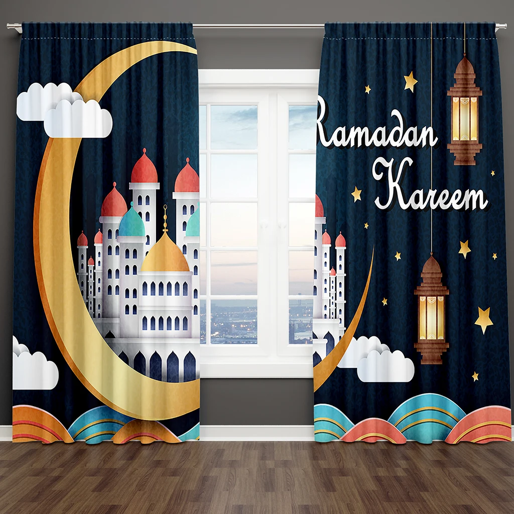 

Luxury Ramadan Ramazan Kareem Moon Castle Window Curtains Blinds For Living Room Bedroom Bathroom Kicthen Door Home Decor2Pcs