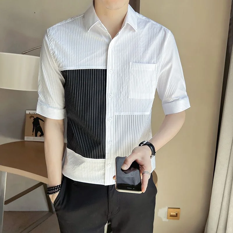 

New Summer Style Men's Seven-point Short-sleeved Fashion Trendy Striped Spliced Shirt