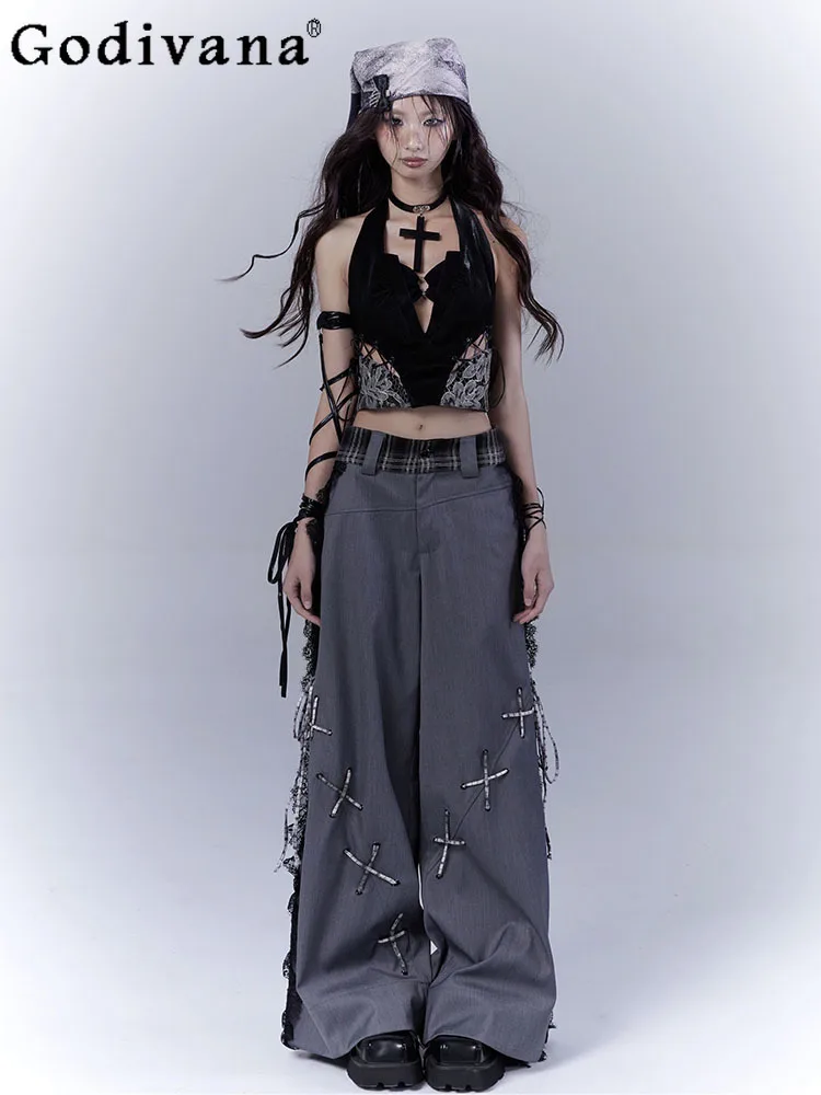 

Chic Hollow Elegant Lace Splicing Lace-up Leisure Dark Gray Trousers Spring Summer Girls Simple Street Versatile Wide-leg Pants