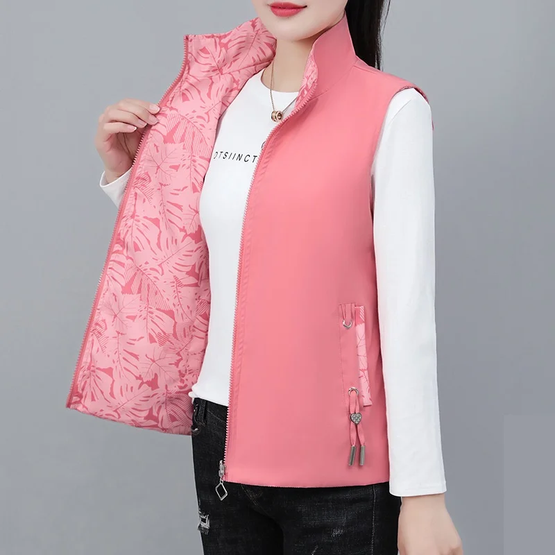 

2025 Spring Autumn Women Double-sided Vest Fashion Stand Up Collar Sleeveless Jacket Female Waistcoat Casual Tops Chaleco Mujer
