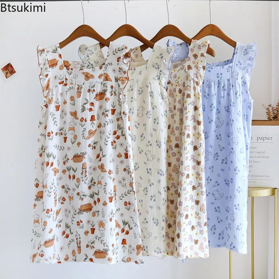 2025 Women's Sleeping Skirt Spaghetti Strap Nightdress Skirt 100% Cotton Gauze Comfortable Floral Print Home Pajamas for Women