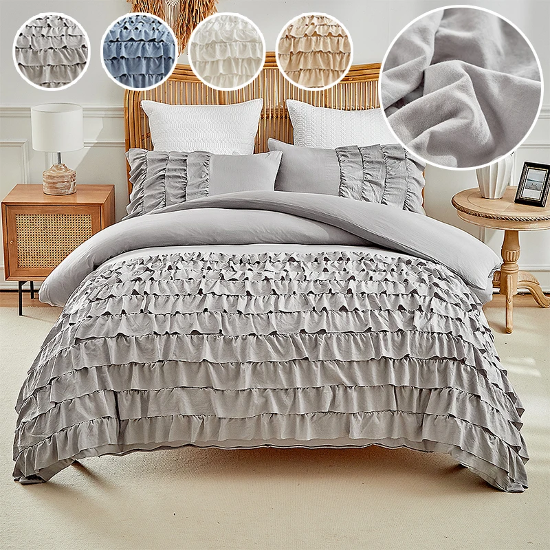 

New Ruffle Duvet Cover Set Pure White Princess Style Bedding with Lace Trim for Twin Double Queen King Size Wedding Home Decor