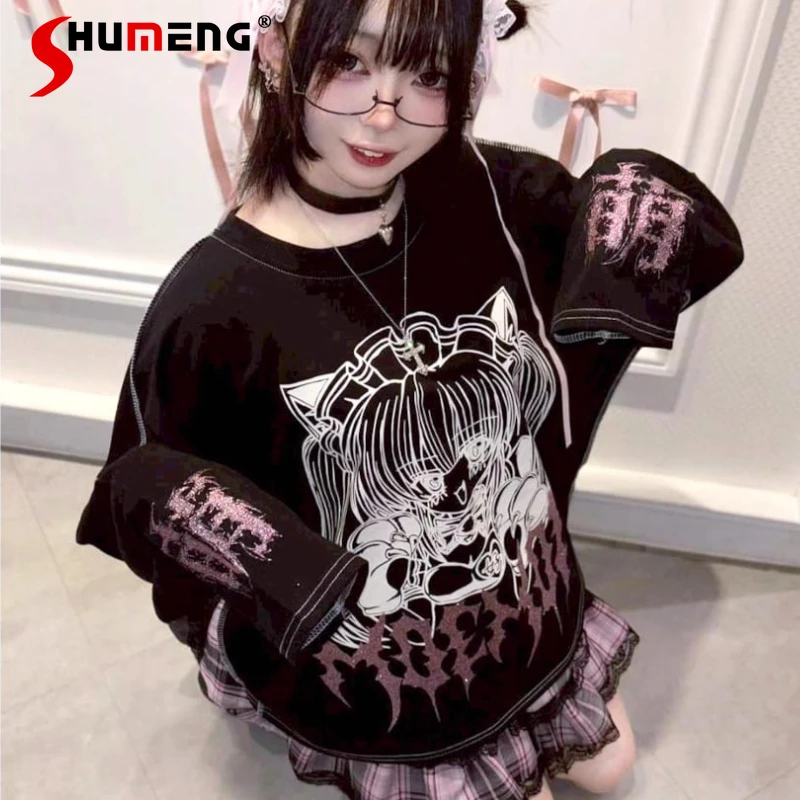 

Японская субкультура, милая крутая свободная футболка в стиле темного панка для девочек, осенняя новинка 2025 года, студенческий пуловер с принтом Y2K в стиле аниме Kawaii, свитшот