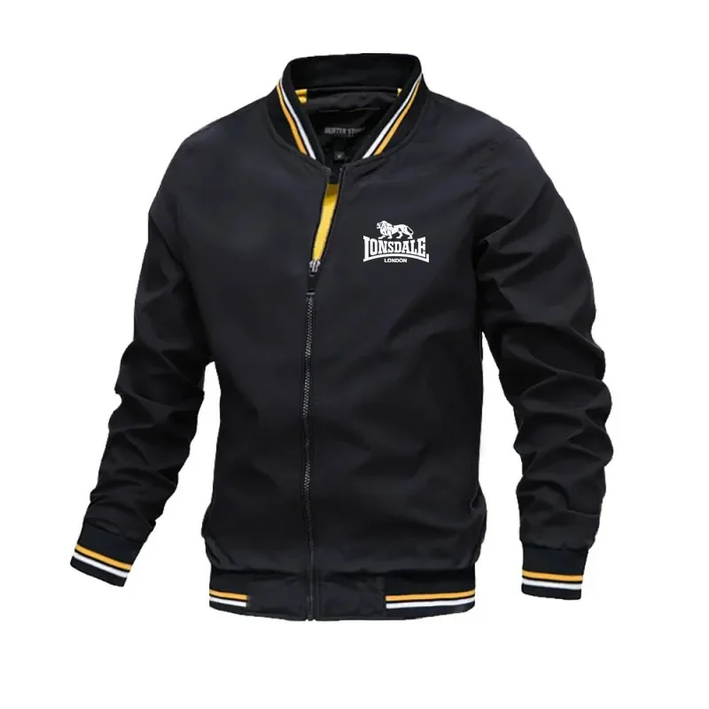 Spring Autumn Men Baseball Jacket Striped Cuff Collar Zip Bomber Coat Windproof Lightweight Casual Streetwear Outerwear