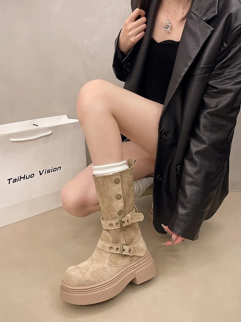 Briti Sle أحذية نسائية بكعب ثي اتجاهين ارتداء ort أنبوب الأحذية ربيع الخريف زيادة Faion المطاط وحيد