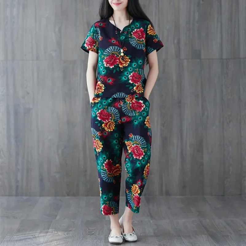 2024 Summer New 2PCS Ethnic Wind Suit Cotton Linen Two-Piece Women Short-Sleeved Shirt Suit Leisure Set Large Size Ladies Outfit