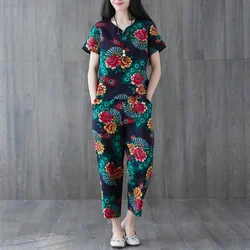 2024 Summer New 2PCS Ethnic Wind Suit Cotton Linen Two-Piece Women Short-Sleeved Shirt Suit Leisure Set Large Size Ladies Outfit