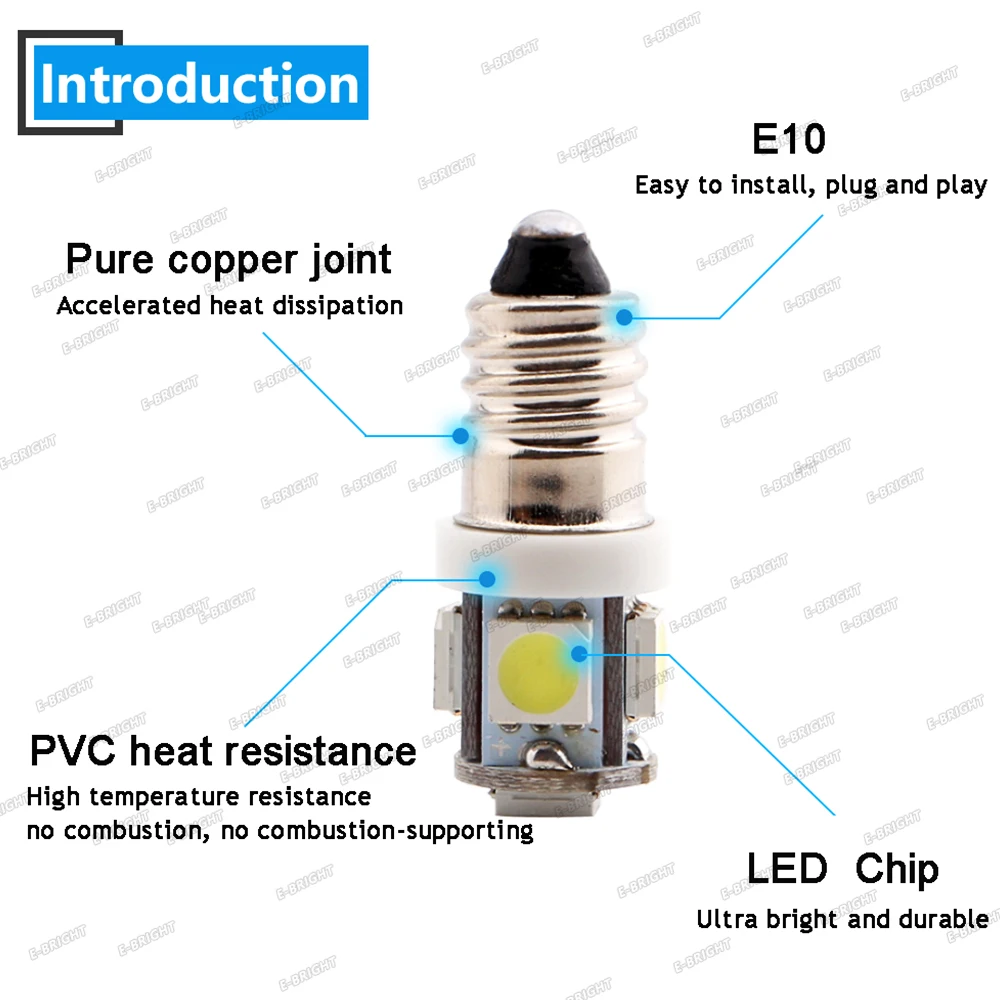 E10 Flashlight 10PCS DC 6V 6.3V 5050 5 SMD E10 LED Light Bulb Old Pinball Game Car Light Warm White Blue Red Amber Green Pink