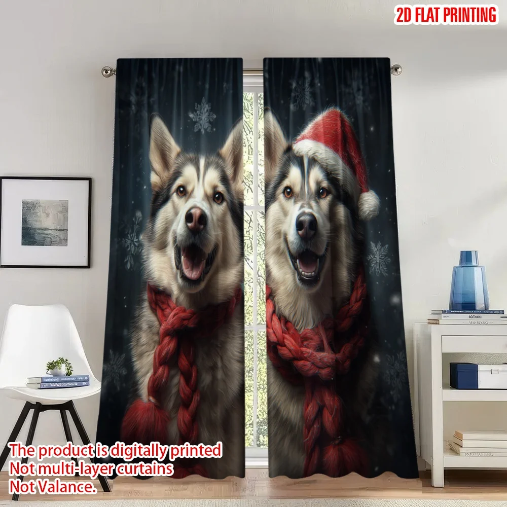 

2pcs 2D flat printing Merry Christmas Trendy Curtains Christmas Huskies Snowflakes Digital Printed Polyester Drapes Spring
