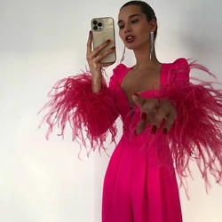 Fashion Fuchsia Boat Neck Jumpsuit Crepe Feather Formal Occasion Prom Dresses Ankle-Length Women Evening Party Dress