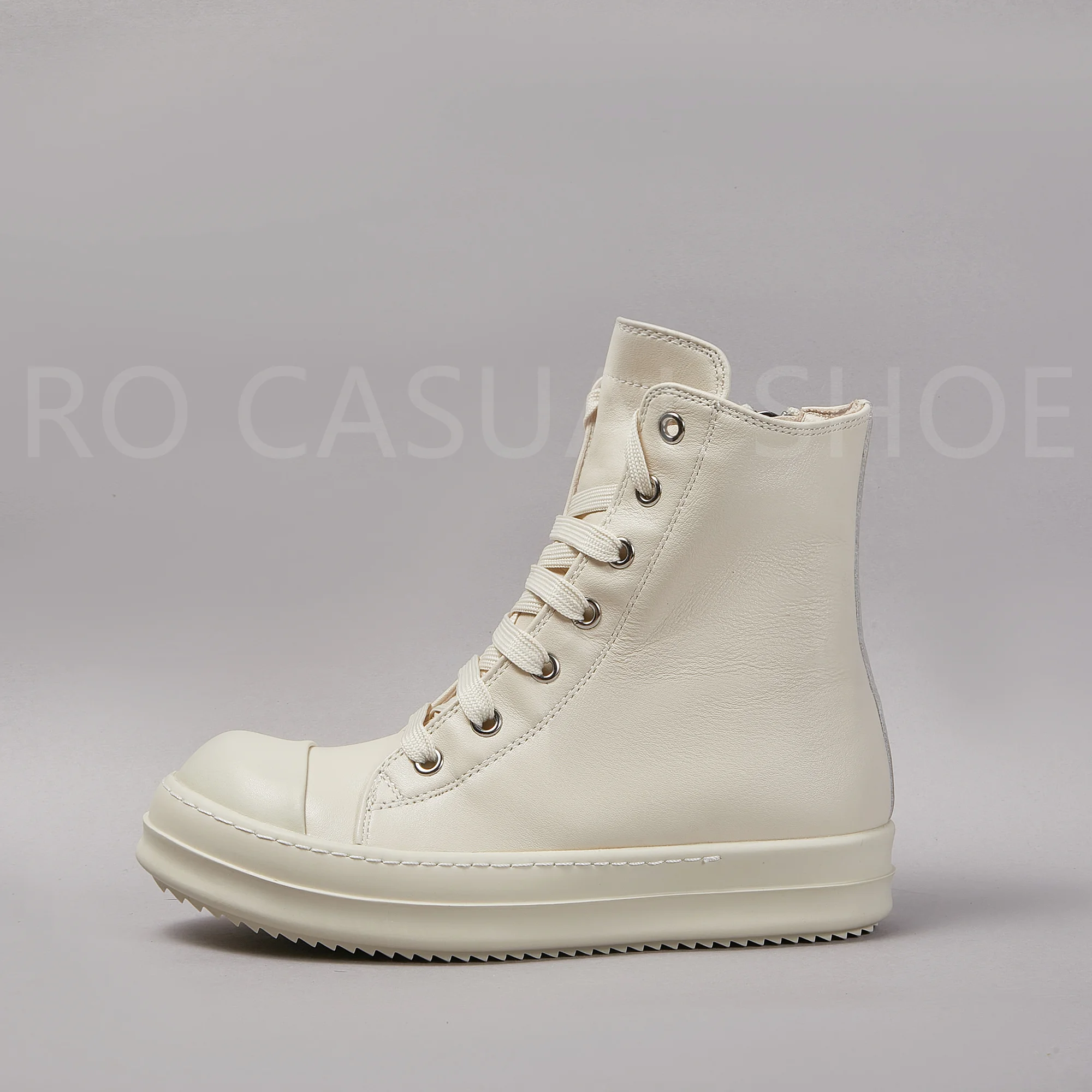 

Ricks Genious Beige Leather High Top Owens Quality Men Shoe Women Sneaker Casual Lace Up Zipper Owens Design boots & Shoes