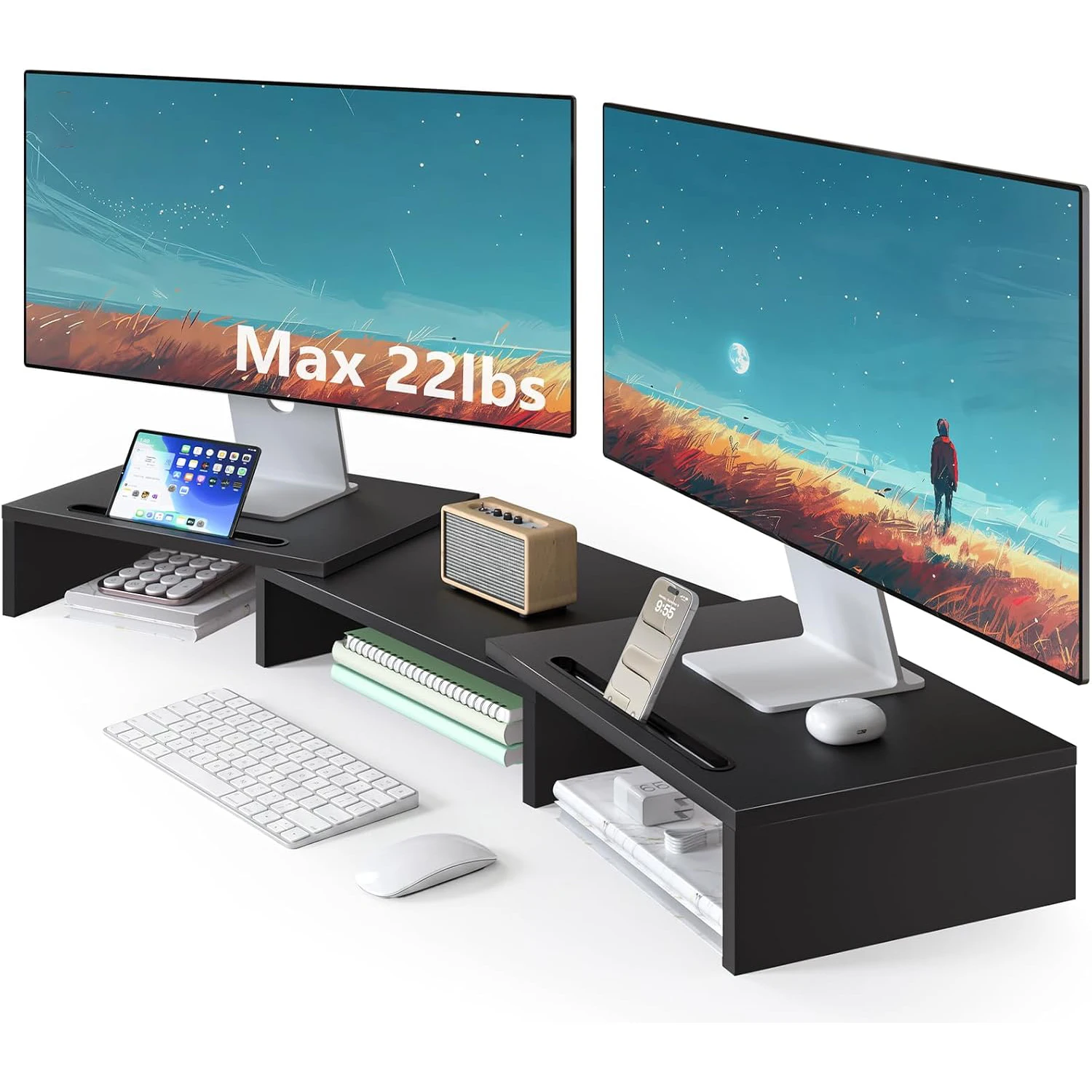 Extra Long Wooden Dual Monitor Stand Riser with 2 Slots, Up To 22lbs Underneath Storage, Adjustable Length & Angle,for PC Laptop